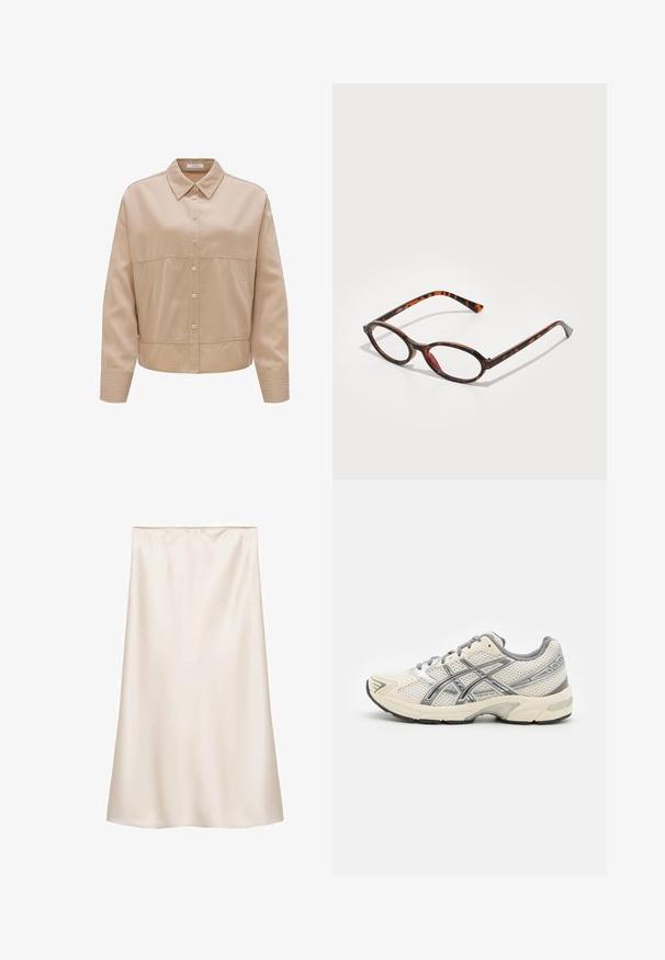 Übergroßer beiger Hoodie mit einer Grafik eines Schlüsselanhängers, der Herzen und Würfel zeigt. Der Stoff wirkt weich mit einer strukturierten Oberfläche.; Beige Hemd mit Knöpfen und Kragen, aus glattem Stoff gefertigt. Besitzt eine taillierte Passform, seitliche Taschen und gerippte Akzente an den Ärmeln.; Satin-Midirock in Off-White, gerader Schnitt mit einem elastischen Bund, glatte Textur und ohne sichtbare Muster oder Akzente.; Laufschuhe mit einem atmungsaktiven weißen Mesh-Obermaterial, silbernen Akzenten, grauen Schnürsenkeln und einer langlebigen schwarzen Gummisohle. Leichtes, gepolstertes Design.; Schildpatt-Sonnenbrille mit ovalen Gläsern, ausgestattet mit einem dunklen Gestell mit hellen und dunklen Brauntönen sowie schlanken, geschwungenen Bügeln.; Handtasche mit Leopardenmuster, goldenen Beschlägen, runden Griffen und einem Reißverschluss. Sie verfügt über einen kleinen Vorhängeschlossakzent und eine strukturierte Oberfläche.