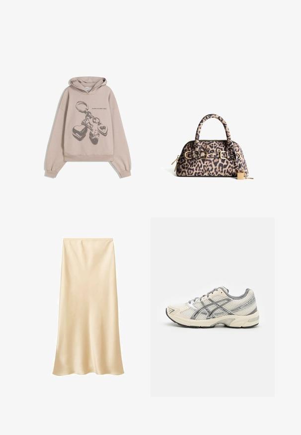 Överdimensionerad beige hoodie med ett grafiskt motiv av en nyckelring med hjärtan och tärningar. Tyget verkar mjukt med en texturerad yta.; Satin midi kjol i ljusbeige färg. Slät textur, flödande design med en något utsvängd fåll. Ingen synlig stängning eller utsmyckning.; Löparskor med ett ventilerande vitt meshöverkvalitet, silverdetaljer, grå snören och en hållbar svart gummisula. Lättviktig och vadderad design.; Leopardmönstrad handväska med guldfärgade detaljer, rundade handtag och dragkedjestängning. Har en liten hänglåsdetalj och texturerad yta.