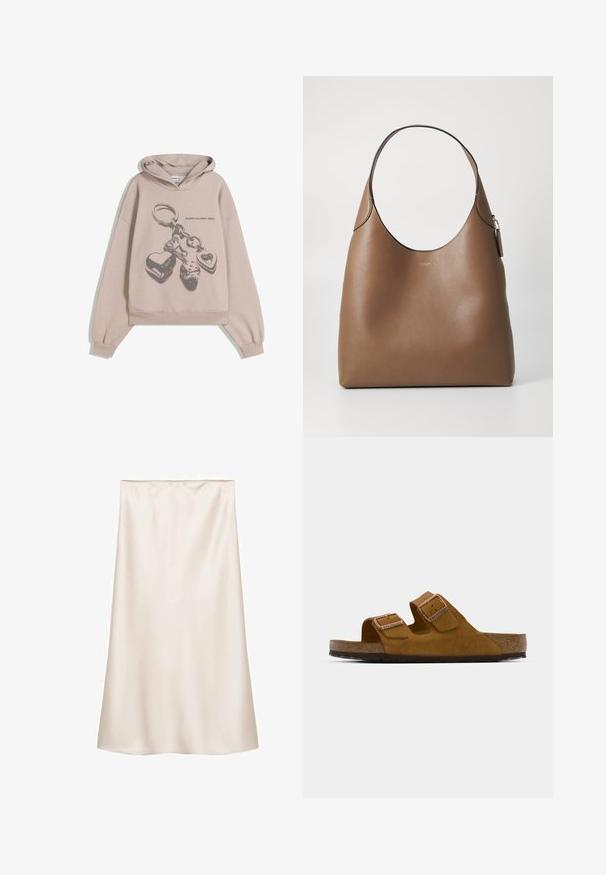 Överdimensionerad beige hoodie med ett grafiskt motiv av en nyckelring med hjärtan och tärningar. Tyget verkar mjukt med en texturerad yta.; Satin midi kjol i off-white, rak skärning med elastisk midja, slät textur och inga synliga mönster eller detaljer.; Bruna mockaskinnssandaler med två justerbara remmar, korkfotbett och en strukturerad gummisula. Minimalistisk design utan ytterligare utsmyckningar.; Brun läderhandväska med en slät yta, bred öppning och ett ensamt axelband. Har en guldfärgad logotyp och en liten hängande tag.