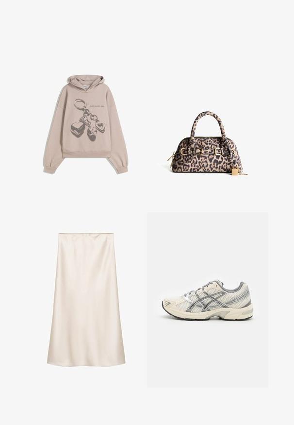Sweat à capuche beige surdimensionné présentant un motif de porte-clés avec des cœurs et des dés. Le tissu semble doux avec une finition texturée.; Jupe midi en satin blanc cassé, coupe droite avec une taille élastique, texture lisse et sans motifs ni accents visibles.; Baskets de course avec une tige en mesh blanc respirant, des accents argentés, des lacets gris et une semelle en caoutchouc noir durable. Design léger et rembourré.; Sac à main imprimé léopard avec quincaillerie dorée, poignées rondes et fermeture éclair. Présente un petit accent en forme de cadenas et une surface texturée.