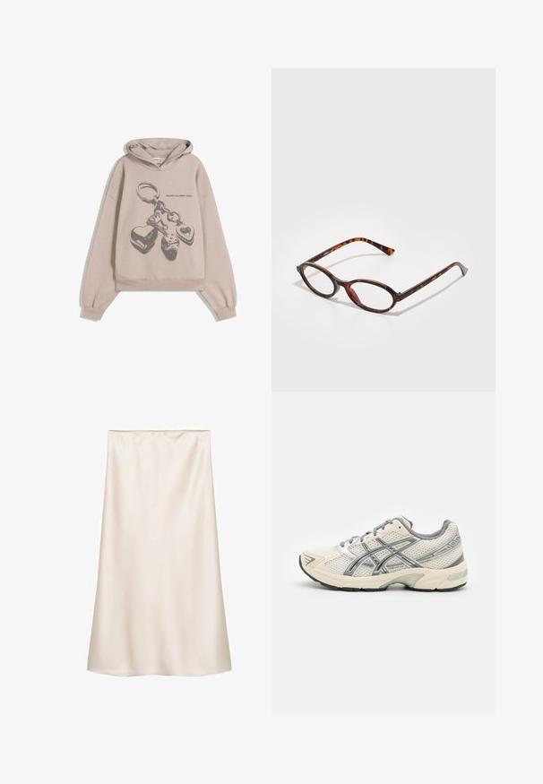 Hanorac bej supradimensionat, cu un grafic reprezentând un breloc cu inimioare și zaruri. Materialul pare moale, având o textură plăcută.; Fustă midi din satin, de culoare albă murdară, cu croială dreaptă, talie elastică, textură netedă și fără modele sau accente vizibile.; Pantofi de alergare cu un superior respirabil din plasă albă, accente argintii, șireturi gri și o talpă din cauciuc negru durabilă. Design ușor și cu amortizare.; Ochelari de soare cu rame din fâșii de țestoasă, cu lentile ovale, având un cadru întunecat cu modele în nuanțe de maro deschis și închis, și cu temple subțiri și curbate.; Geantă cu imprimeu de leopard, cu accesorii aurii, mânere rotunde și închidere cu fermoar. Include un accent cu un mic lacăt și o suprafață texturată.