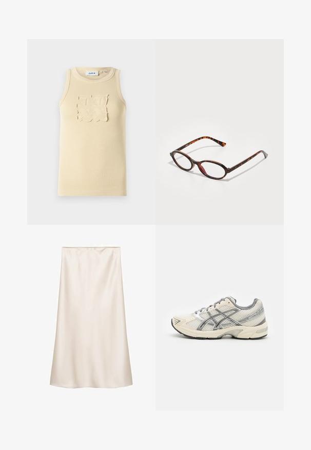 Přetáhnutá béžová mikina s kapucí, která zobrazuje grafiku klíčenky se srdíčky a kostkami. Tkanina vypadá měkce s texturovaným povrchem.; Béžový žebrovaný bezramínkový top s texturovaným čtvercovým vzorem na hrudi a kulatým výstřihem.; Saténová midi sukně v krémové barvě, rovného střihu s elastickým pasem, hladkou texturou a bez viditelných vzorů nebo akcentů.; Běžecké boty s prodyšným bílým síťovinovým svrškem, stříbrnými detaily, šedými tkaničkami a odolnou černou gumovou podrážkou. Lehký, polstrovaný design.; Tortoise shell sluneční brýle s oválnými skly, které mají tmavý rám se světlými a tmavě hnědými vzory a štíhlými, zakřivenými stranami.; Kabelka s leopardím potiskem, zlatými detaily, zaoblenými rukojeťmi a zipovým uzávěrem. Obsahuje malý akcent ve tvaru zámku a texturovaný povrch.