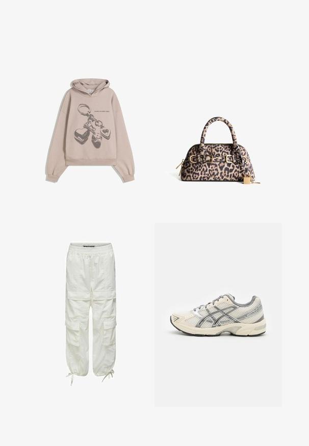 Överdimensionerad beige hoodie med ett grafiskt motiv av en nyckelring med hjärtan och tärningar. Tyget verkar mjukt med en texturerad yta.; Vita cargo byxor med elastiskt midjeband, flera sidfickor och dragsnören vid anklarna. Texturerat, lättviktigt tyg.; Löparskor med ett ventilerande vitt meshöverkvalitet, silverdetaljer, grå snören och en hållbar svart gummisula. Lättviktig och vadderad design.; Leopardmönstrad handväska med guldfärgade detaljer, rundade handtag och dragkedjestängning. Har en liten hänglåsdetalj och texturerad yta.