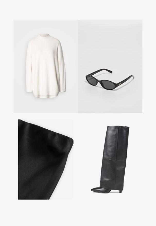Valkoinen neulepaita, jossa on resorillinen korkea kaulus, levenevät olkapäät ja sivuhalkiot helmassa. Valmistettu pehmeästä, teksturoidusta kankaasta.; Musta kangas, jossa on sileä pinta ja taitettu reuna. Materiaali näyttää hieman kiiltävältä ja siinä on tasainen pinta ilman kuvioita tai korostuksia.; Bronx JADEY - Saappaat - black; Mustat aurinkolasit, joissa on pyöreät linssit, kiiltävä muovikehys ja kullanvärinen "QUAY"-logo sivussa. Varustettu tummilla tummennetuilla linsseillä.
