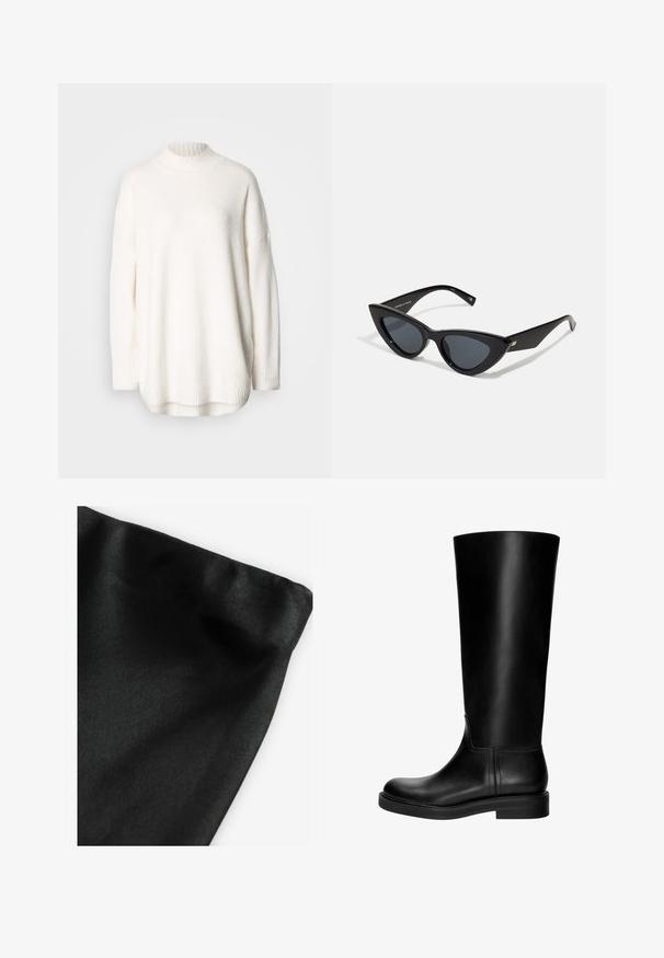Maglione bianco lavorato a maglia con collo alto a coste, spalle scese e spacchi laterali all'orlo. Realizzato in tessuto morbido e testurizzato.; Tessuto nero con una superficie liscia, caratterizzato da un bordo piegato. Il materiale presenta una leggera lucentezza e una superficie uniforme senza motivi o dettagli.; Stivale in pelle nera al ginocchio con una texture liscia, punta rotonda, design sobrio e tacco a blocco basso. Nessuna hardware o motivo visibile.; Occhiali da sole a forma di occhio di gatto con una montatura in plastica nera lucida, lenti scure e dettagli in oro sulle tempie. Design angolare con linee eleganti.