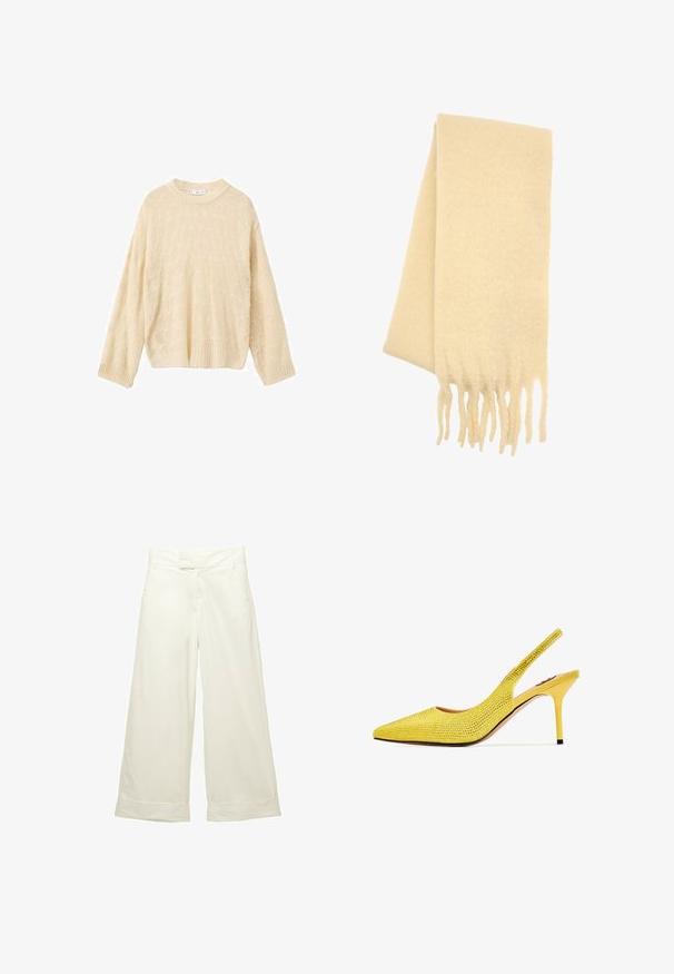 Kremowy sweter z dzianiny o okrągłym dekolcie, z długimi rękawami i teksturowanym wzorem. Żebrowany dół i mankiety, miękka tkanina.; Szerokie spodnie w miękkim, kremowym materiale. Posiadają płaski pas i podwinięte mankiety. Gładka tekstura z czystym, minimalistycznym wzornictwem.; Żółta szpilka typu slingback z wydłużonym noskiem, pokryta drobnymi cyrkoniami. Posiada smukły obcas oraz miękką wyściółkę wewnętrzną.; Kremowo-biała wełniana szalik o miękkiej teksturze, z frędzlami na końcach i prostokątnym kształcie.; Żółta plisowana torebka wykonana z gładkiej sztucznej skóry, charakteryzująca się miękkim kształtem, pojedynczym paskiem na ramię oraz marszczonym designem u góry.