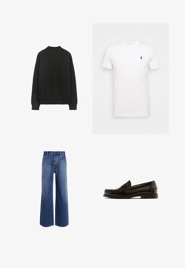 Pull en tricot côtelé gris foncé avec des manches longues et un col rond. Présente une coupe décontractée et un tissu texturé.; T-shirt en coton blanc à col rond. Présente un petit logo bleu marine sur la poitrine gauche. Manches courtes, texture lisse.; Jeans taille haute à jambe large en denim bleu moyen, présentant un design classique à cinq poches, un léger délavage et des détails d'ourlet effiloché.; Mocassin en cuir marron avec un bout arrondi, des coutures décoratives et un petit talon. Texture lisse avec un matériel minimal et un design classique.