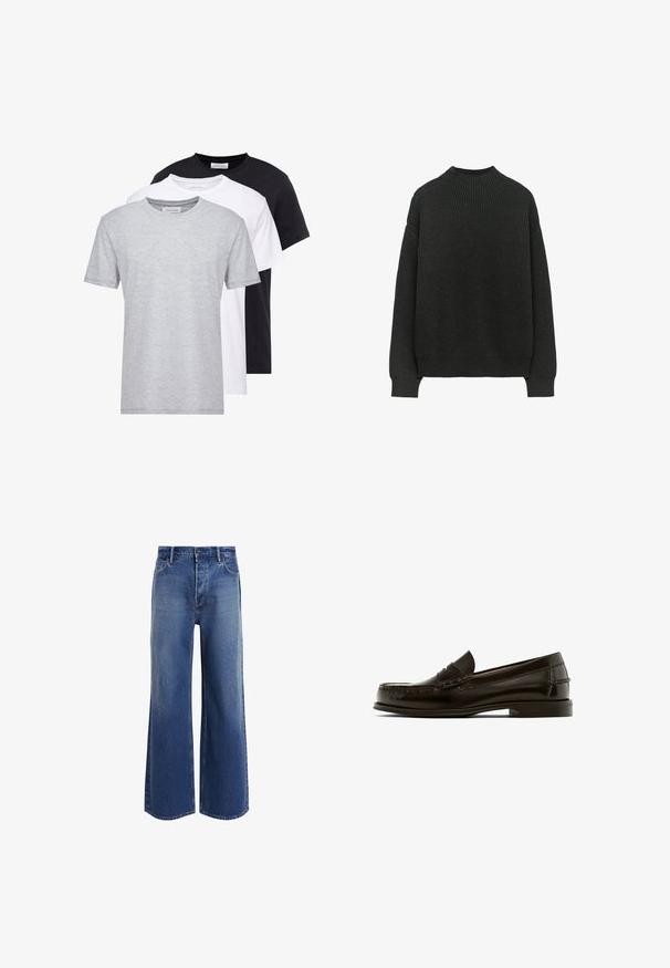 Czarnoszary sweter z prążkowanej dzianiny z długimi rękawami i okrągłym dekoltem. Charakteryzuje się luźnym krojem oraz teksturowanym materiałem.; Trzy koszulki z okrągłym dekoltem w kolorach szarym, białym i czarnym, z krótkimi rękawami, miękką teksturą i prostym krojem.; Jeans z wysokim stanem i szerokimi nogawkami w średnim niebieskim deni, z klasycznym pięcioch kapowym wzorem, lekkim wyblaknięciem i postrzępionymi detalami u dołu.; Brązowe skórzane loafersy z zaokrąglonym noskiem, dekoracyjnym przeszyciem i niskim obcasem. Gładka tekstura z minimalną ilością sprzętu i klasyczny design.