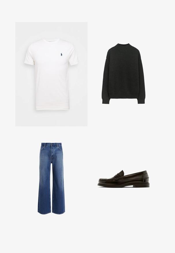 Mörkgrå ribbad stickad tröja med långa ärmar och rund halsringning. Har en avslappnad passform och textil med struktur.; Vit bomull t-shirt med rund hals. Har en liten mörkblå logotyp på vänster bröst. Korta ärmar, mjuk textur.; Höga vidjeans i medelblå denim, med en klassisk femfickdesign, lätt blekning och fransdetaljer på fållen.; Brun läderloafersko med rund tå, dekorativ sömnad och låg klack. Slät textur med minimal hårdvara och klassisk design.