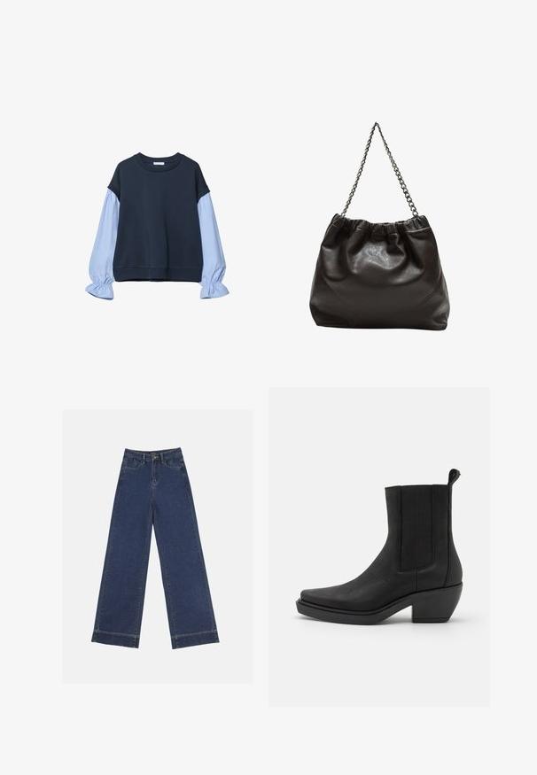 Mörkblå sweatshirt med ljusblå ballongärmar. Har en rundad halsringning och elastiska manschetter. Tillverkad av mjukt, bekvämt tyg.; Breda jeans i mörkblå denim. Har fem fickor, bälteshögar och en ofärdig kant längst ner med synliga sömnadsdetaljer.; Svart läderankelboot med elastiska sidopaneler, avsmalnande tå och kraftig klack. Texturerad yta med en slät finish.; Brun läderväska med rynkad topp och kedjesnodd. Slät textur med en blankslipad yta och subtila sömdetaljer på sidorna.