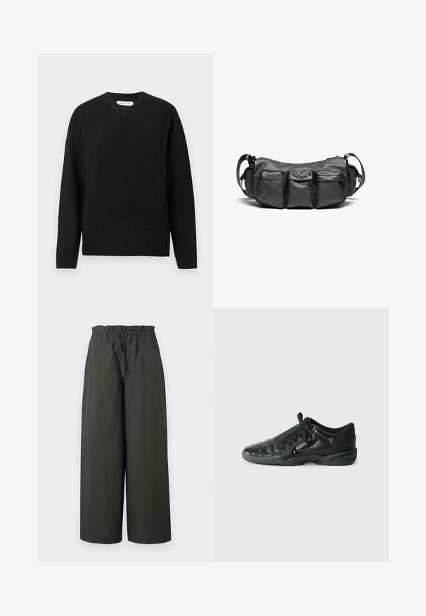 Pulover negru cu guler în V, dintr-un amestec moale de lână, cu mâneci lungi și manșete și tiv ribelate. Design simplu, clasic, fără modele sau accente.; Pantaloni largi din țesătură verde închis, cu un elastic la talie și o textură netedă, fără accesorii sau modele vizibile.; Pantof european din piele neagră, cu un design matlasat, vârf rotunjit, sistem de șireturi în față și talpă din cauciuc. Prezintă un branding subtil pe lateral.; Geantă de umăr din piele neagră cu un finisaj texturat. Dispune de trei buzunare exterioare și o curea ajustabilă. Formă compactă, rotundă.