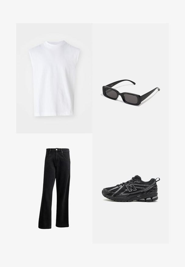 Green ribbed knit sweater with a round neckline and long sleeves, featuring a relaxed fit and textured fabric pattern.; White sleeveless top made from cotton with a round neckline, a relaxed fit, and a smooth texture. Simple design with no patterns or accents.; Black denim jeans with a straight-leg design, featuring front pockets, a button fly, and slight texture. Includes a subtle logo detail.; Black athletic shoes with a mesh upper, prominent logo, textured sole, and cushioning features. Designed for support and breathability.; Black rectangular sunglasses with dark lenses, glossy finish, wide arms, and a chunky frame design. Engraved brand name on one arm.; Black messenger bag with adjustable strap, multiple compartments, and a green accent. Models wear oversized tops and wide-leg gray jeans.