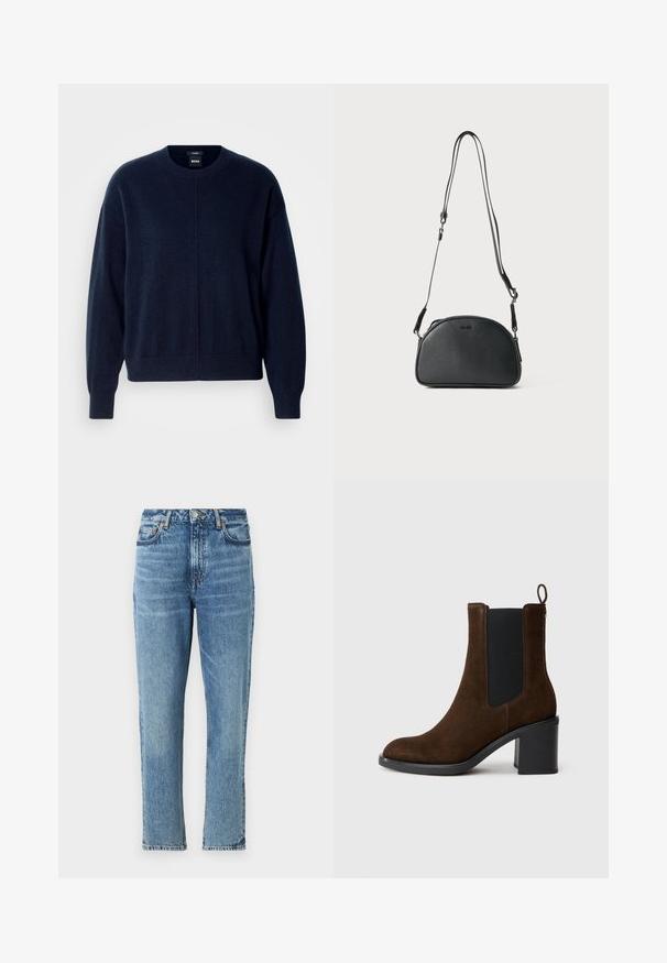 Mørk marineblå genser laget av mykt stoff. Har rund hals, senkede skuldre og ribbede mansjetter og nederkant. Enkel design uten mønstre.; Lyseblå denimjeans med høy midje, rette ben og falmet tekstur. Har sølvfarget detaljer og kontrasterende sømmer.; Brune semsket ankelstøvlett med rund tå, elastisk panel på siden og blokkhæl. Har en løkke bak for enkel påkledning.; Svart lær crossover-veske med avrundet form, to justerbare stropper og en subtil logo på forsiden. Teksturert overflate, minimalistisk design.