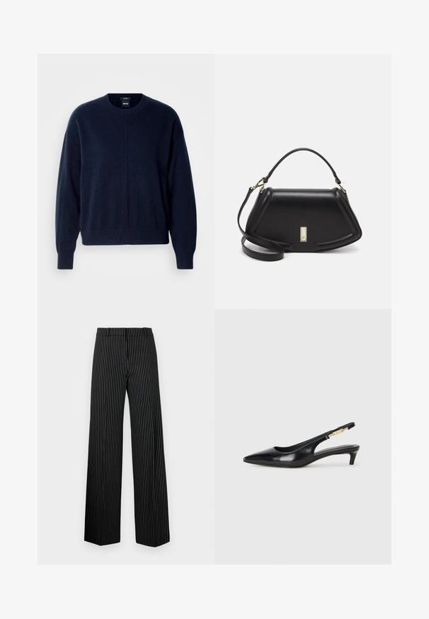 Temno moder pulover iz mehkega materiala. Ima okroglo izrez, spuščena ramena ter rebraste manšete in rob. Preprost dizajn brez vzorcev.; Črne široke hlače z belimi navpičnimi črtami. Imajo ravno pasnico in ravne robove, izdelane so iz gladkega, lahkega materiala.; Črne usnjene sandale na peto z ostro konico, ki imajo tanko peto in zlat ton na nastavljivem traku. Gladka tekstura.; Črna usnjena torbica s strukturnim dizajnom, ki ima skrajšano obliko, zgornji ročaj in zlate dodatke. Vključena je nastavljiva ramenska naramnica.