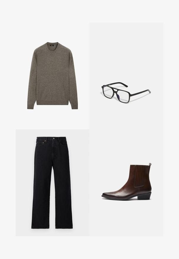 Bruine gebreide sweater met ronde hals, lange mouwen, ribgebreide manchetten en zoom, zachte textuur en een eenvoudig ontwerp zonder patronen of versieringen.; Witte bloes met lange mouwen van zachte stof, met een brede ronde hals en een relaxte pasvorm. Gladde textuur met geribde manchetten.; Zwarte spijkerbroek van denim met een rechte pijp, vijf zakken, koperen hardwaredetails en een minimalistisch design met een licht gestructureerde afwerking.; Bruine leren enkelboot met een spitse neus, elastische zijpanelen, textuurdetails aan de voorkant en een lage gestapelde hak.; Zwarte rechthoekige brillen met heldere lenzen en een subtiele paarse tint, met slanke armen en een minimalistisch ontwerp.