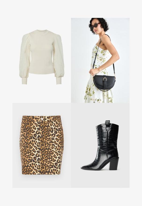 Kreemikas kampsun soonikkoes kerel ja läbipaistvate, volangiliste varrukatega. Liibuvad mansetid ja ümmargune kaelus. Tekstuuriga kangas lillemustriga varrukatel.; Leopardimustriga denimi mini seelik pruunide ja beežide toonidega, millel on esine nuppude sulgemine ja kaks küljetaskut.; Must värv musta mid-kalf Lääne stiilis saapad terava toe, plokknina ja krokodillimustriga läikivast nahast tekstuurist valge tausta ees.; Mustmust mustraha kõverate joontega, eemaldatava rihmaga ja kuldsete detailidega. Kotil on klapp, millel on pandladetail.