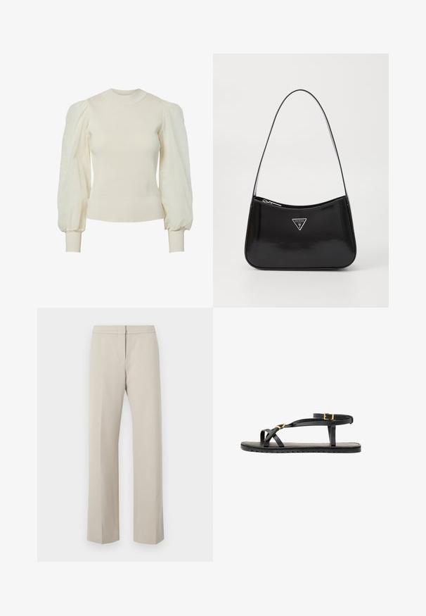 Cream-colored sweater with ribbed bodice and sheer, puffed sleeves. Fitted cuffs and round neckline. Textured fabric with floral pattern on sleeves.; Beige straight-leg trousers with a flat front and no visible hardware or patterns. Made of smooth fabric, featuring a clean-cut design.; Black leather sandals with thin straps and a buckled ankle strap. Flat sole with a textured finish and zigzag edge. Minimalist design.; Black patent leather shoulder bag with a curved shape, featuring a silver triangle logo and a zipper closure. Smooth texture and slim strap.