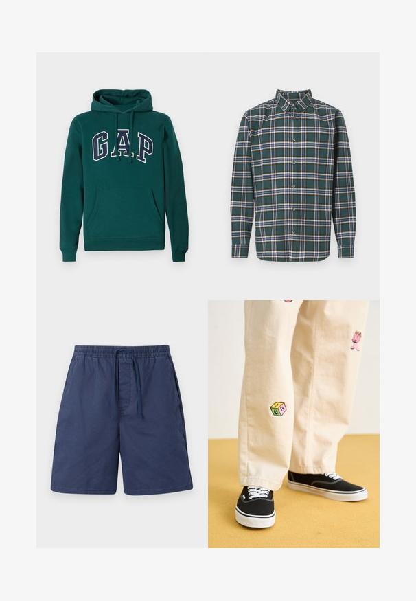 Tamsiai žalia medvilnės mišinio džemperis su dideliu "G.A.P." logotipu baltos ir tamsiai mėlynos spalvų, priekinė kengūros kišenė ir virvutė ant gobtuvo.; Žalias flanelinis marškinis, puoštas plaidiniu raštu su mėlynomis, baltomis ir garstyčių geltonumo linijomis. Mygtukais užsegama priekinė dalis ir smailas apykaklė. Ilgos rankovės.; Tamsiai mėlynos šortai, pagaminti iš lengvos medžiagos, su elastingu juosmeniu ir jimdomuoju raiščiu, šoninėmis kišenėmis ir laisvu siluetu.; Bežinės medvilninės kelnės su žaismingais siuvinėjimais, įskaitant rožinį personažą ir spalvotą bloką, derinamos su juodais bateliais su raišteliais.