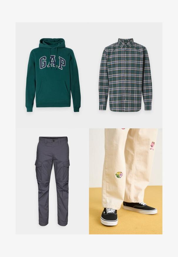 Pimeävihreä huppari, joka on valmistettu puuvillasekoitteesta. Siinä on suuri "G.A.P." -logo valkoisena ja laivastonsinisenä, etupuolella kengurupussitasku ja nyöripäähine.; Vihreä flanellisydän, jossa on ruutukuvio, jossa on siniset, valkoiset ja sinapinkeltaiset viivat. Napitettu etuosa ja terävä kaulus. Pitkät hihat.; Harmaat cargo-housut suoran leikkauksen kanssa, valmistettu kevyestä kankaasta, jossa on sivutaskut ja nappikiinnitys vyötäröllä.; Beige puuvillahousut leikkisillä brodeeratuilla kuvioilla, mukaan lukien vaaleanpunainen hahmo ja värikäs lohko, yhdistettynä mustiin nauhakengiin.