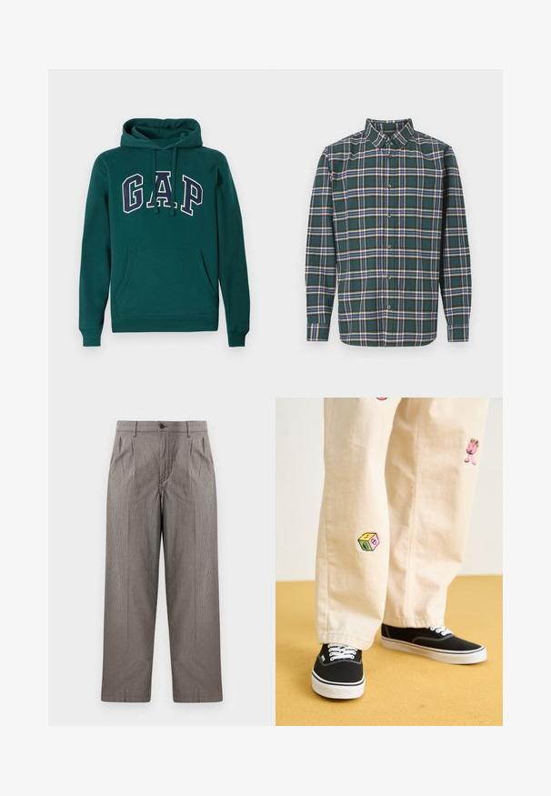 Temno zelena kapuca iz mešanice bombaža, z značilnim velikim logotipom "G.A.P." v beli in mornarsko modri barvi, sprednjim kenguru žepom in kapuco z vrvico.; Zeleni flanelast srajc s karirastim vzorcem, ki vsebuje modre, bele in gorčične rumene črte. Z gumbi zapnjen sprednji del in usmerjen ovratnik. Dolgi rokavi.; Hlače z grafičnim vzorcem houndstooth v sivi barvi, ravno krojene, z naborki, pasom z gumbom ter stranskimi žepi.; Bežna bombažna hlače z igrivimi vezeninami, ki vključujejo roza lik in barvni blok, v kombinaciji s črnimi čipkastimi športnimi copati.