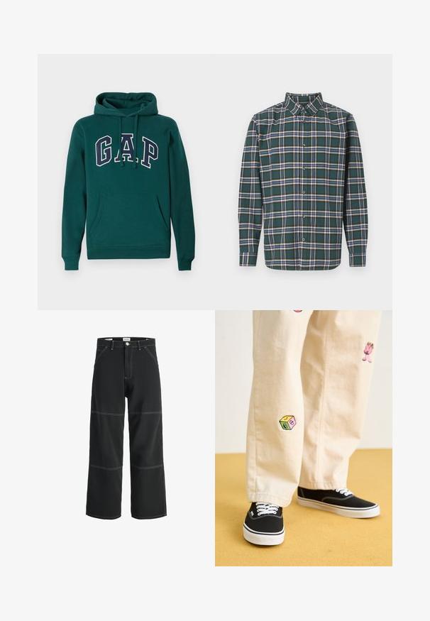 Sötétzöld kapucnis pulóver pamut keverékből, fehér és tengerészkék "G.A.P." logóval, elöl kenguruzsebbel és húzózsinóros kapucnival.; Zöld flanel ing, kockás mintázattal, amely kék, fehér és mustár sárga vonalakból áll. Gombos elülső rész és hegyes gallér. Hosszú ujjak.; Fekete, széles szárú nadrág, tartós anyagból készült, kontrasztos fehér varrással, két elülső zsebbel és egygombos derékrésszel.; Beige pamut nadrág játékos hímzett mintákkal, beleértve egy rózsaszín karaktert és színes blokkot, fekete fűzős tornacipővel párosítva.