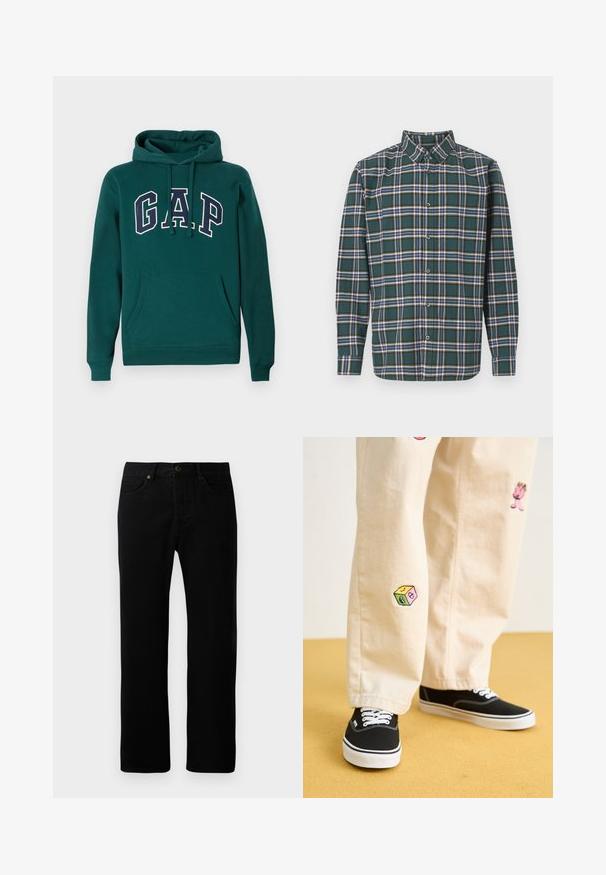 Moleton verde escuro feito de uma mistura de algodão, com um grande logotipo "G.A.P." em branco e azul-marinho, um bolso frontal tipo canguru e capuz com cordão.; Camisa de flanela verde com um padrão de xadrez apresentando linhas azuis, brancas e mostarda. Frente com botões e colarinho pontudo. Mangas compridas.; Calças de ganga pretas com um design de perna reta, estilo de cinco bolsos, fecho frontal com botão e detalhes de costura subtis.; Calças de algodão bege com desenhos bordados divertidos, incluindo uma personagem rosa e um bloco colorido, combinadas com sapatilhas pretas de atacadores.