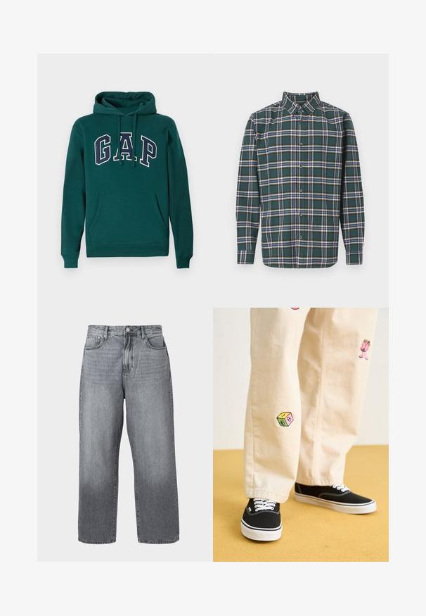 Mørkegrønn hettegenser laget av bomullsblanding, med en stor "G.A.P." logo i hvit og marineblå, en frontlomme i kenguru-stil, og snor i hetten.; Grønn flanellskjorte med rutete mønster som har blå, hvite og sennepsgule linjer. Knapper foran og spiss krage. Lange ermer.; Grå denim vide ben jeans med høy midje, fem-lomme design og metallfeste. Stoffet viser lett falming nær kanten.; Beige bomullsbukser med lekne broderte design, inkludert en rosa karakter og fargede blokker, kombinert med svarte snørebåndssko.