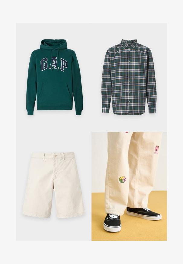 Tamnozelena dukserica od mješavine pamuka, sa velikim "G.A.P." logotipom u bijeloj i mornarskoj plavoj boji, prednjim kengurujem džepom i kapuljačom sa vezicom.; Zeleni flanel košulja s kariranim uzorkom koji sadrži plave, bijele i senf žute linije. Prednji dio s dugmadima i oštrim kragnom. Duge rukave.; Bež pamučne šortse s ravnim krojem, zatvaranjem na jedan dugme, petljama za remen i bočnim džepovima. Glatka tekstura, jednostavan dizajn bez uzoraka.; Bež pamuk hlače s razigranim izvezenim dizajnima, uključujući ružičasti lik i obojene blokove, uparene s crnim vezicama za cipele.