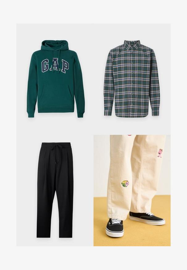 Sudadera de color verde oscuro hecha de una mezcla de algodón, con un gran logo "G.A.P." en blanco y azul marino, un bolsillo tipo canguro en la parte delantera y capucha con cordones.; Camisa de franela verde con un patrón a cuadros que presenta líneas en azul, blanco y amarillo mostaza. Con botones en el frente y cuello puntiagudo. Mangas largas.; Pantalones negros ligeros con un ajuste relajado. Cuentan con una cintura elástica con cordón ajustable y bolsillos laterales. Textura suave.; Pantalones de algodón beige con divertidos diseños bordados que incluyen un personaje rosa y un bloque de color, combinados con zapatillas negras de cordones.