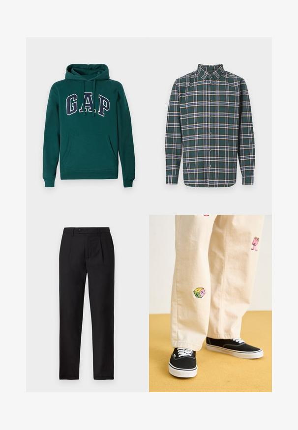 Ciemnozielona bluza z kapturem wykonana z mieszanki bawełny, z dużym logo "G.A.P." w białym i granatowym kolorze, przednią kieszenią kangurkową oraz sznurkiem do regulacji kaptura.; Zielona flanelowa koszula w kratę z niebieskimi, białymi i musztardowymi liniami. Zapięcie na guziki z przodu i spiczasty kołnierzyk. Długie rękawy.; Czarne spodnie wykonane z teksturowanej tkaniny, z prostym krojem nogawek, fałdami z przodu oraz pojedynczym zapięciem na guzik w pasie.; Beżowe bawełniane spodnie z zabawnymi haftowanymi wzorami, w tym różową postacią i kolorowym blokiem, w połączeniu z czarnymi sznurowanymi sneakersami.