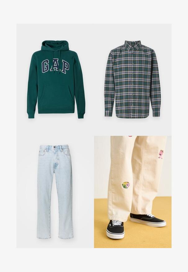 Tume roheline kapuutsiga dressipluus, mis on valmistatud puuvillasegistusest, esitades suurt "G.A.P." logo valge ja mereväe sinise värviga, ees kangaroo tasku ja reguleeritav kapuuts.; Roheline flanellsärk, millel on ruuduline muster, sisaldades siniseid, valgeid ja sinepikollaseid jooni. Nööbitav esiosa ja terav krae. Pikad varrukad.; Heledad sinised sirged teksad, mis on valmistatud denimist, viie tasku, lukuga ja nööbiga kinnitamisega ning kangal on peen kulumine.; Bežistestased püksid, millel on mängulised tikandid, sealhulgas roosa tegelane ja värvikad plokid, koos mustade nöörkingadega.