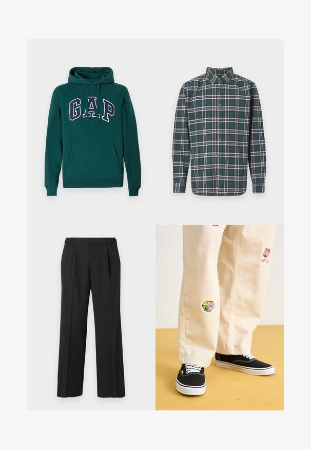 Tume roheline kapuutsiga dressipluus, mis on valmistatud puuvillasegistusest, esitades suurt "G.A.P." logo valge ja mereväe sinise värviga, ees kangaroo tasku ja reguleeritav kapuuts.; Roheline flanellsärk, millel on ruuduline muster, sisaldades siniseid, valgeid ja sinepikollaseid jooni. Nööbitav esiosa ja terav krae. Pikad varrukad.; Mustad laiad püksid elastse vöökohtadega, voltidega esiosa ja siledaga tekstuuriga. Ilma nähtavate mustrite või riistvaralisteta.; Bežistestased püksid, millel on mängulised tikandid, sealhulgas roosa tegelane ja värvikad plokid, koos mustade nöörkingadega.