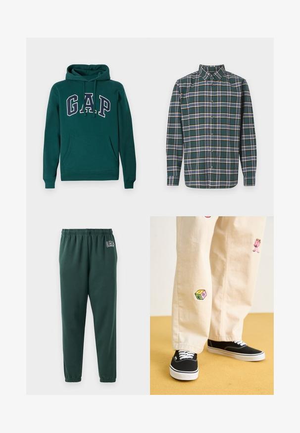 Dunkelgrüne Kapuzenjacke aus Baumwollmischung, mit einem großen "G.A.P."-Logo in Weiß und Marineblau, einer frontalen Kängurutasche und einer Kapuze mit Zugband.; Grünes Flanellhemd mit einem Karo-Muster, das blaue, weiße und senfgelbe Linien aufweist. Mit Knopfleiste und spitzem Kragen. Lange Ärmel.; Grüne Jogginghose aus weichem Stoff, mit elastischem Bund, schmal zulaufenden Beinen und einem kleinen GAP-Logo auf der linken Hüfte.; Beige Baumwollhosen mit verspielten, gestickten Motiven, darunter eine pinke Figur und bunte Blöcke, kombiniert mit schwarzen Schnürsneakern.