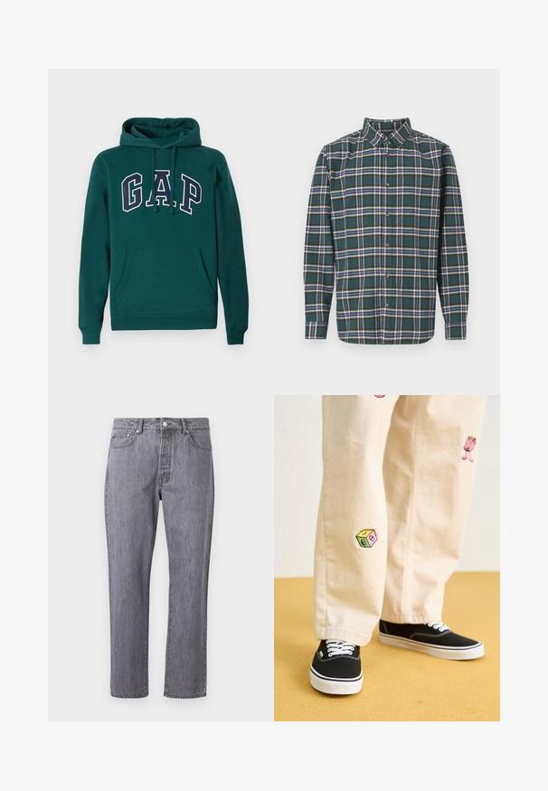 Felpa verde scuro in misto cotone, con un grande logo "G.A.P." in bianco e blu navy, tasca a marsupio frontale e cappuccio con coulisse.; Camicia di flanella verde con un motivo a quadri che presenta righe blu, bianche e giallo senape. Chiusura con bottoni e colletto punta. Maniche lunghe.; Jeans in denim grigio con design a gamba dritta, cinque tasche, chiusura con bottone e un lieve effetto di sfumatura sulla trama del tessuto.; Pantaloni di cotone beige con divertenti ricami che includono un personaggio rosa e un blocco colorato, abbinati a sneaker nere con lacci.