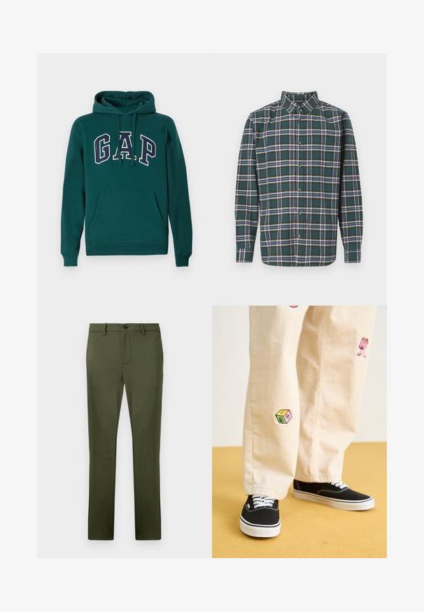 Felpa verde scuro in misto cotone, con un grande logo "G.A.P." in bianco e blu navy, tasca a marsupio frontale e cappuccio con coulisse.; Camicia di flanella verde con un motivo a quadri che presenta righe blu, bianche e giallo senape. Chiusura con bottoni e colletto punta. Maniche lunghe.; Pantaloni verde oliva realizzati in un tessuto liscio, con una vestibilità dritta, tasche frontali e chiusura con un singolo bottone. Dettagli di design minimalisti.; Pantaloni di cotone beige con divertenti ricami che includono un personaggio rosa e un blocco colorato, abbinati a sneaker nere con lacci.
