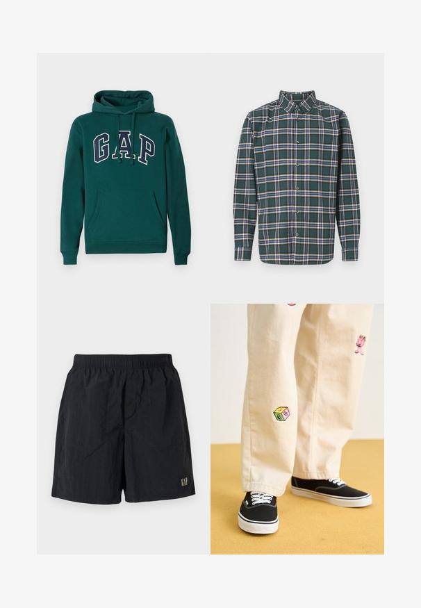 Sötétzöld kapucnis pulóver pamut keverékből, fehér és tengerészkék "G.A.P." logóval, elöl kenguruzsebbel és húzózsinóros kapucnival.; Zöld flanel ing, kockás mintázattal, amely kék, fehér és mustár sárga vonalakból áll. Gombos elülső rész és hegyes gallér. Hosszú ujjak.; Fekete rövidnadrág, gumis derékkal, a jobb alsó sarokban logóval, könnyű, gyűrődött textúrájú anyagból készült.; Beige pamut nadrág játékos hímzett mintákkal, beleértve egy rózsaszín karaktert és színes blokkot, fekete fűzős tornacipővel párosítva.