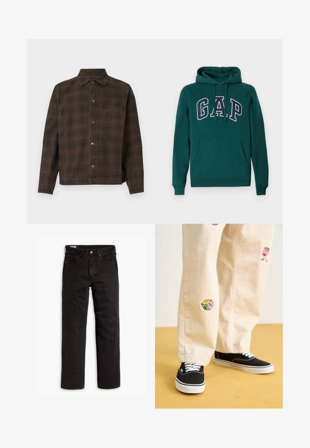 Sweat à capuche vert foncé en mélange de coton, arborant un grand logo "G.A.P." en blanc et marine, une poche kangourou à l'avant et un cordon de serrage pour la capuche.; Veste à carreaux marron avec un devant boutonné, un col et une poche poitrine simple. Fabriquée en tissu texturé avec des boutons métalliques.; Jeans en denim noir avec une coupe droite, comprenant une fermeture éclair, des poches avant et un design classique à cinq poches. Texture douce et robuste.; Pantalon en coton beige avec des motifs brodés ludiques, incluant un personnage rose et un bloc de couleur, associé à des baskets noires à lacets.