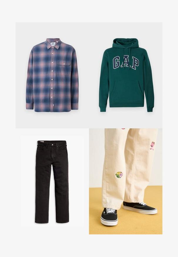 Mørkegrønn hettegenser laget av bomullsblanding, med en stor "G.A.P." logo i hvit og marineblå, en frontlomme i kenguru-stil, og snor i hetten.; Langermet rutete skjorte i blått og rosa, laget av mykt stoff. Har skjortekrave, lomma foran og hvite knapper.; Svarte rette dongeribukser med fem lommer, knappefeste og beltehemper, lagt flatt på en hvit bakgrunn.; Beige bomullsbukser med lekne broderte design, inkludert en rosa karakter og fargede blokker, kombinert med svarte snørebåndssko.