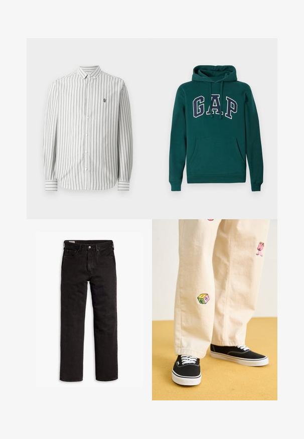 Dark green hoodie made of cotton blend, featuring a large "G.A.P." logo in white and navy, a front kangaroo pocket, and drawstring hood.; Button-up shirt with vertical gray and white stripes. Long sleeves, standard collar, and a small logo on the left chest. Cotton material.; Black denim jeans with a straight leg cut, featuring a zipper fly, front pockets, and a classic five-pocket design. Soft, sturdy texture.; Beige cotton pants with playful embroidered designs including a pink character and colored block, paired with black lace-up sneakers.