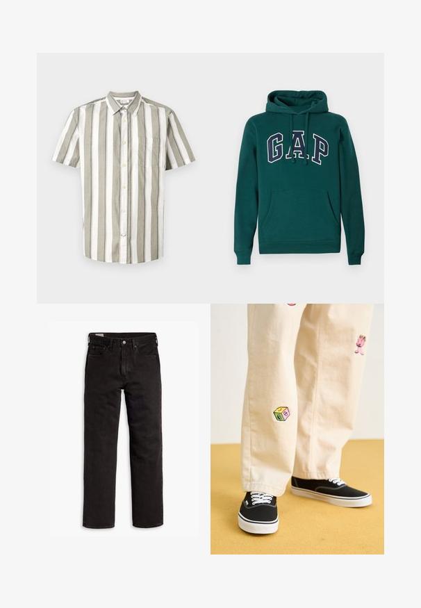 Ciemnozielona bluza z kapturem wykonana z mieszanki bawełny, z dużym logo "G.A.P." w białym i granatowym kolorze, przednią kieszenią kangurkową oraz sznurkiem do regulacji kaptura.; Koszula z krótkim rękawem, zapinana na guziki, w jasnobeżowe i białe paski, z kieszonką, wykonana z lekkiego materiału, z kołnierzykiem.; Czarne dżinsy proste z pięcioma kieszeniami, zapięciem na guzik i paskiem, rozłożone na białym tle.; Beżowe bawełniane spodnie z zabawnymi haftowanymi wzorami, w tym różową postacią i kolorowym blokiem, w połączeniu z czarnymi sznurowanymi sneakersami.