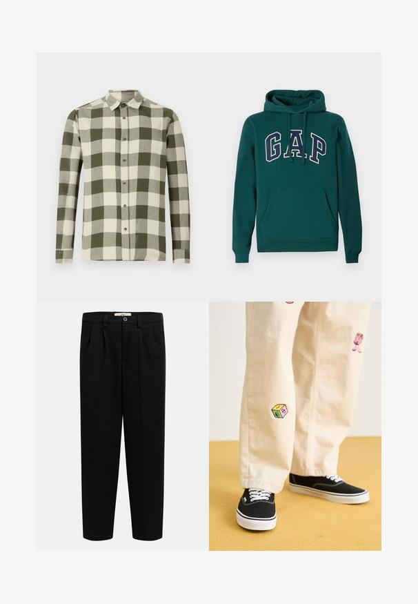 Moleton verde escuro feito de uma mistura de algodão, com um grande logotipo "G.A.P." em branco e azul-marinho, um bolso frontal tipo canguru e capuz com cordão.; Camisa de mangas longas em padrão xadrez verde e creme, feita de tecido leve, com colarinho tipo polo e botões na frente.; Calças pretas de cintura alta, de perna reta, com passantes para cinto, pregas frontais, bolsos laterais e fecho de botão na cintura.; Calças de algodão bege com desenhos bordados divertidos, incluindo uma personagem rosa e um bloco colorido, combinadas com sapatilhas pretas de atacadores.