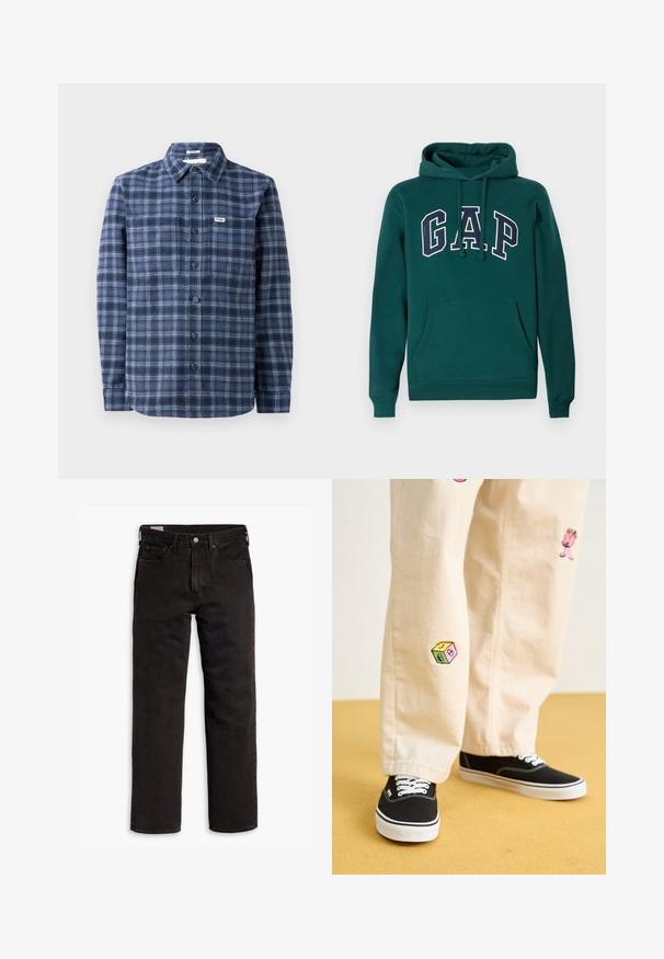 Ciemnozielona bluza z kapturem wykonana z mieszanki bawełny, z dużym logo "G.A.P." w białym i granatowym kolorze, przednią kieszenią kangurkową oraz sznurkiem do regulacji kaptura.; Granatowa koszula w kratę z zapięciem na guziki, wykonana z tkaniny tkanej, z klasycznym kołnierzykiem, długimi rękawami oraz mankietami na trzy guziki.; Czarne dżinsy proste z pięcioma kieszeniami, zapięciem na guzik i paskiem, rozłożone na białym tle.; Beżowe bawełniane spodnie z zabawnymi haftowanymi wzorami, w tym różową postacią i kolorowym blokiem, w połączeniu z czarnymi sznurowanymi sneakersami.