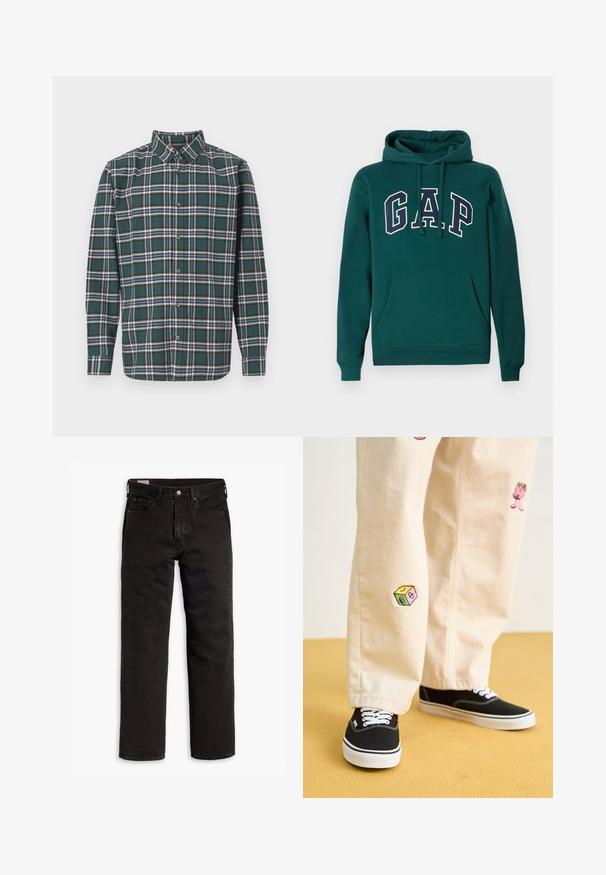 Mörkgrön hoodie i bomullsmaterial med en stor "G.A.P."-logotyp i vitt och marinblått, en framficka av kangaroo-typ och dragsko i huva.; Grön flanellskjorta med ett rutmönster som har blå, vita och senapsgula ränder. Knäppt fram och spetsig krage. Långa ärmar.; Svarta raka denimjeans med fem fickor, knappstängning och bälteshällor, liggande plant på en vit bakgrund.; Beiga bomullbyxor med lekfulla broderade mönster, inklusive en rosa karaktär och färgglad ruta, kombinerat med svarta snörkängor.