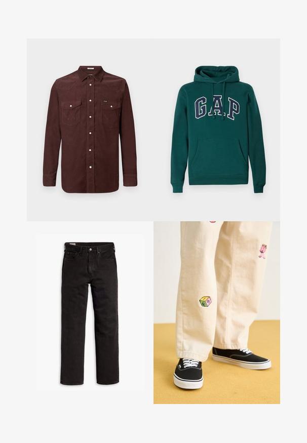 Dark green hoodie made of cotton blend, featuring a large "G.A.P." logo in white and navy, a front kangaroo pocket, and drawstring hood.; Long-sleeve brown corduroy shirt with snap buttons, two chest pockets with flap closures, and small Wrangler logo on left pocket.; Black straight-leg denim jeans with five pockets, button closure, and belt loops, laid flat on a white background.; Beige cotton pants with playful embroidered designs including a pink character and colored block, paired with black lace-up sneakers.