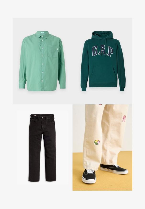 Sötétzöld kapucnis pulóver pamut keverékből, fehér és tengerészkék "G.A.P." logóval, elöl kenguruzsebbel és húzózsinóros kapucnival.; Zöld gombos ing, hosszú ujjú, pamut anyag, egyetlen mellzseb, laza szabás, finom textúra és klasszikus gallér.; Fekete egyenes szárú farmernadrág öt zsebbel, gombos záródással és övhurkokkal, fehér háttéren elhelyezve.; Beige pamut nadrág játékos hímzett mintákkal, beleértve egy rózsaszín karaktert és színes blokkot, fekete fűzős tornacipővel párosítva.