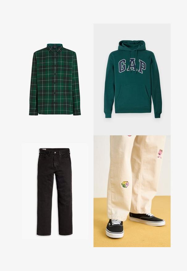 Felpa verde scuro in misto cotone, con un grande logo "G.A.P." in bianco e blu navy, tasca a marsupio frontale e cappuccio con coulisse.; Camicia a quadratini verde con bottoni, caratterizzata da un motivo a scacchi, tasche frontali e colletto. Realizzata in un tessuto dalla consistenza morbida.; Jeans in denim neri a gamba dritta con cinque tasche, chiusura a bottone e passanti per cintura, adagiati su uno sfondo bianco.; Pantaloni di cotone beige con divertenti ricami che includono un personaggio rosa e un blocco colorato, abbinati a sneaker nere con lacci.
