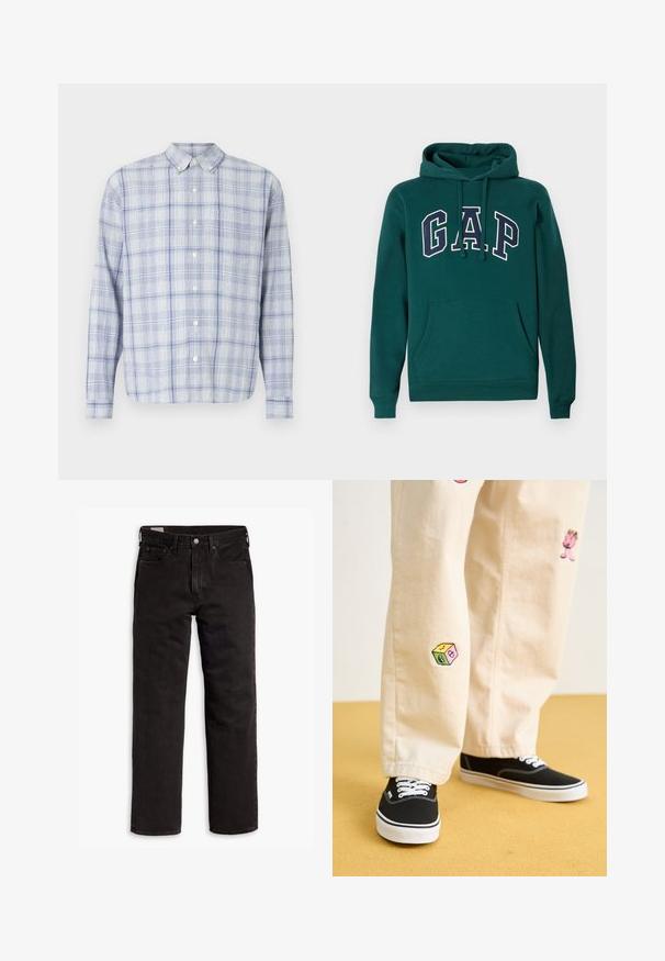 Tume roheline kapuutsiga dressipluus, mis on valmistatud puuvillasegistusest, esitades suurt "G.A.P." logo valge ja mereväe sinise värviga, ees kangaroo tasku ja reguleeritav kapuuts.; Pika-sleeve nupulehviline särk helesinise ja valge ruudulise mustriga. Omab klassikalist kraed ja pehmet, tekstuurset materjali.; Mustad sirgedega teksapüksid viie taskuga, nööpidega kinnitamine ja vöökohaga, lamab tasasele valgele taustale.; Bežistestased püksid, millel on mängulised tikandid, sealhulgas roosa tegelane ja värvikad plokid, koos mustade nöörkingadega.