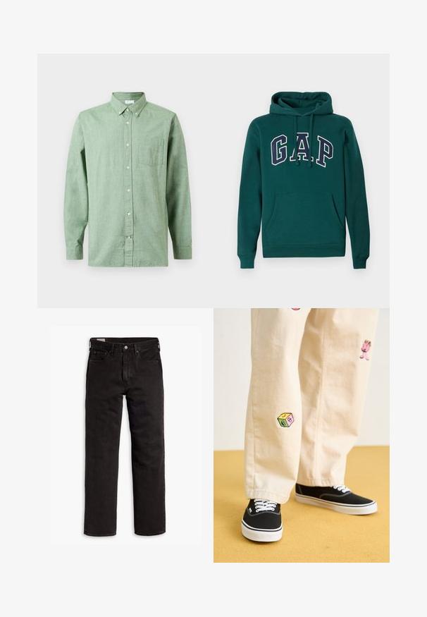 Mørkegrønn hettegenser laget av bomullsblanding, med en stor "G.A.P." logo i hvit og marineblå, en frontlomme i kenguru-stil, og snor i hetten.; Lys grønn skjorte med lange ermer, knappestolpe, brystlomme, knapper på kragen, og beige knapper på ensfarget bakgrunn.; Svarte rette dongeribukser med fem lommer, knappefeste og beltehemper, lagt flatt på en hvit bakgrunn.; Beige bomullsbukser med lekne broderte design, inkludert en rosa karakter og fargede blokker, kombinert med svarte snørebåndssko.