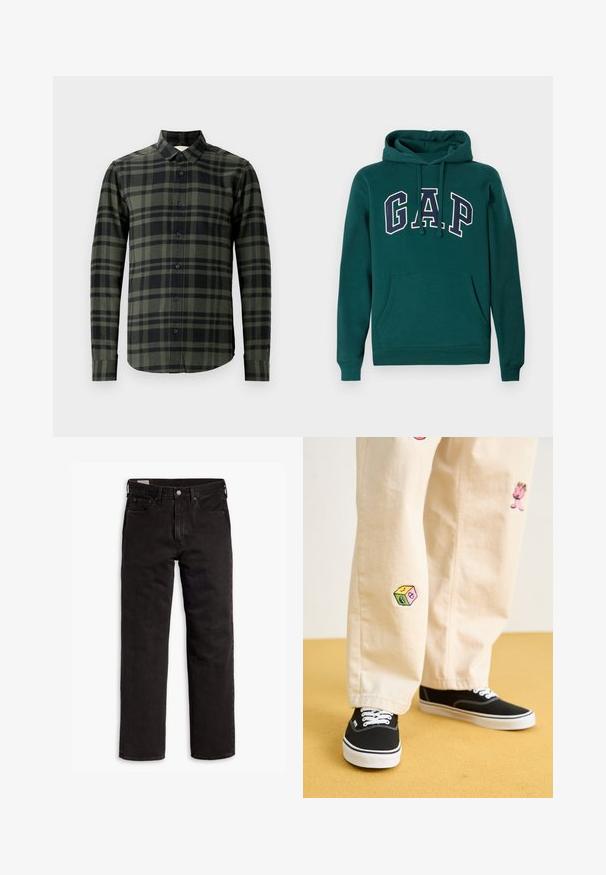 Moleton verde escuro feito de uma mistura de algodão, com um grande logotipo "G.A.P." em branco e azul-marinho, um bolso frontal tipo canguru e capuz com cordão.; Camisa de manga longa em padrão xadrez verde-escuro e preto, feita de flanela. Apresenta um colarinho clássico e botões pretos.; Jeans de denim pretos de perna reta com cinco bolsos, fecho de botão e passantes para cinto, dispostos em uma superfície branca.; Calças de algodão bege com desenhos bordados divertidos, incluindo uma personagem rosa e um bloco colorido, combinadas com sapatilhas pretas de atacadores.