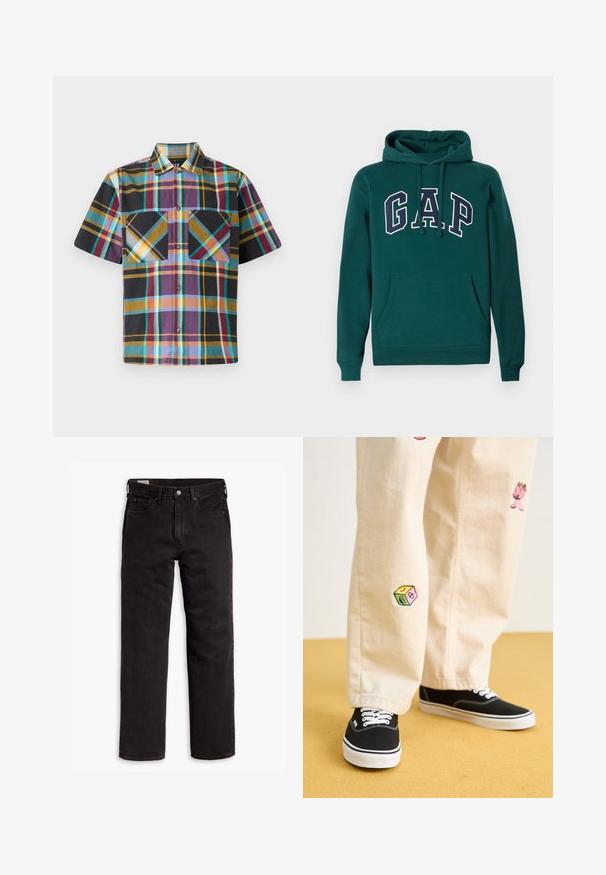 Felpa verde scuro in misto cotone, con un grande logo "G.A.P." in bianco e blu navy, tasca a marsupio frontale e cappuccio con coulisse.; Camicia a maniche corte in plaid con una miscela di colori che includono viola, nero, giallo e teal, con due tasche sul petto e chiusura con bottoni.; Jeans in denim neri a gamba dritta con cinque tasche, chiusura a bottone e passanti per cintura, adagiati su uno sfondo bianco.; Pantaloni di cotone beige con divertenti ricami che includono un personaggio rosa e un blocco colorato, abbinati a sneaker nere con lacci.